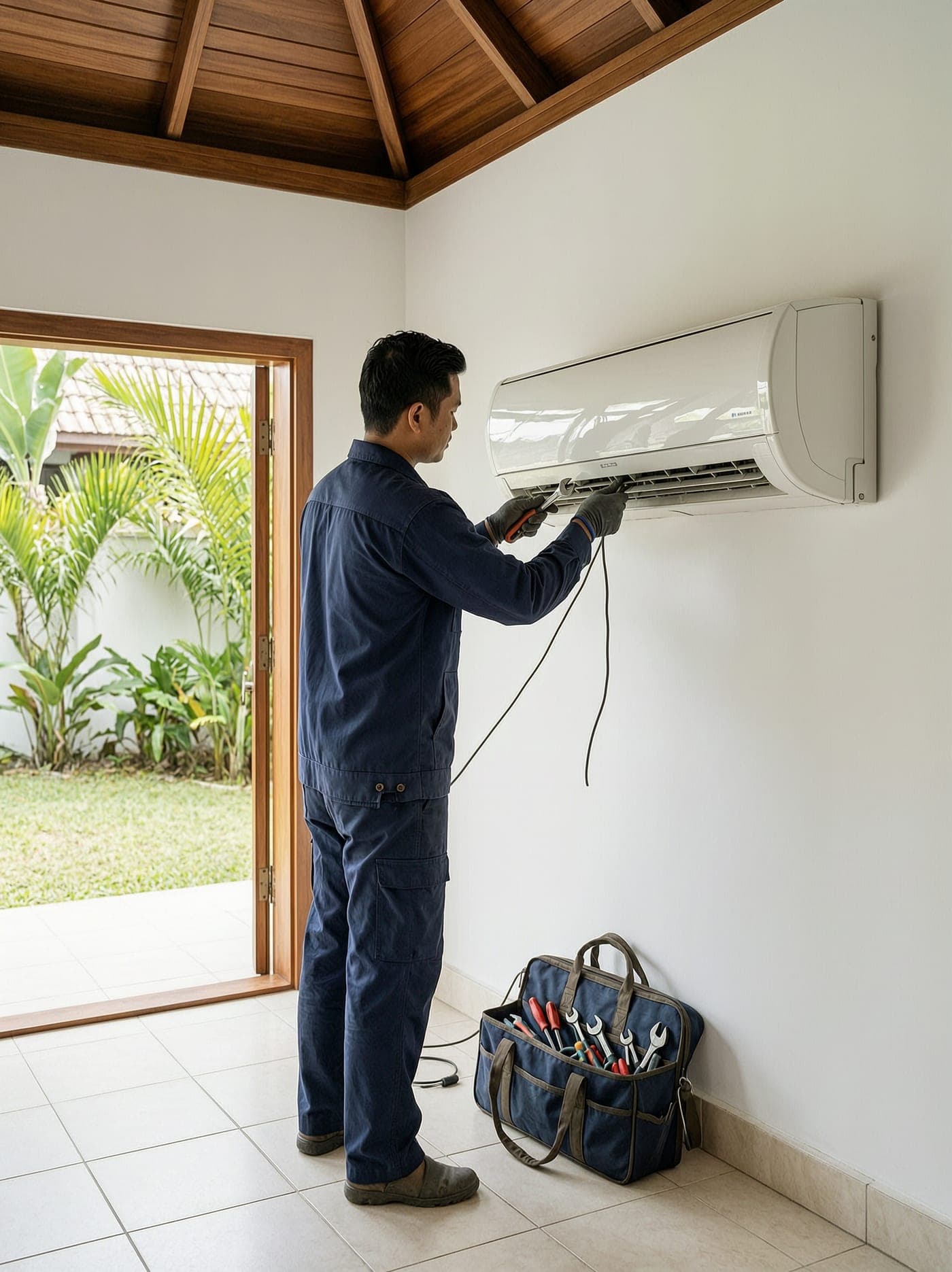 A technician servicing an air-conditioning unit in a villa