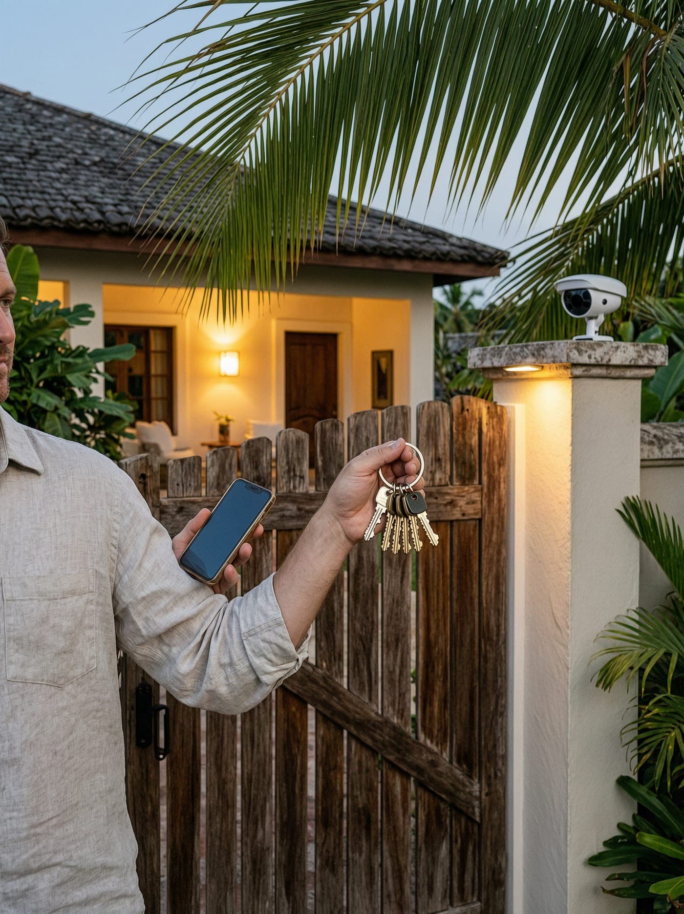 A villa gate at dusk with the wall light on